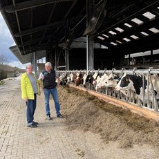 Hans Stöcker beim Interview vor seinen Kühen im Stall