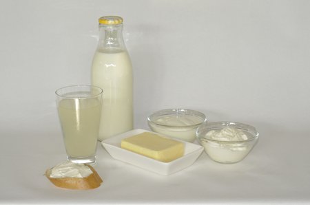 Milchprodukte auf einer Platte mit Molke und Milchflasche