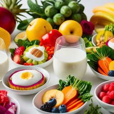 2 Gläser Milch umgeben von Gemüse und Obst