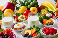 2 Gläser Milch umgeben von Gemüse und Obst