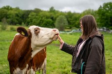Tammy Uhlinsky mit Kuh auf der Weide