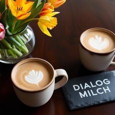 Zwei Tassen mit Milchcafés auf einem Holztisch mit einer Vase mit Frühlingsblumen und einer Schiefer-Tafel 