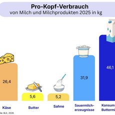 Grafik zum Pro Kopf Verbrauch in kg von Milch und Milchprodukten im Jahr 2025